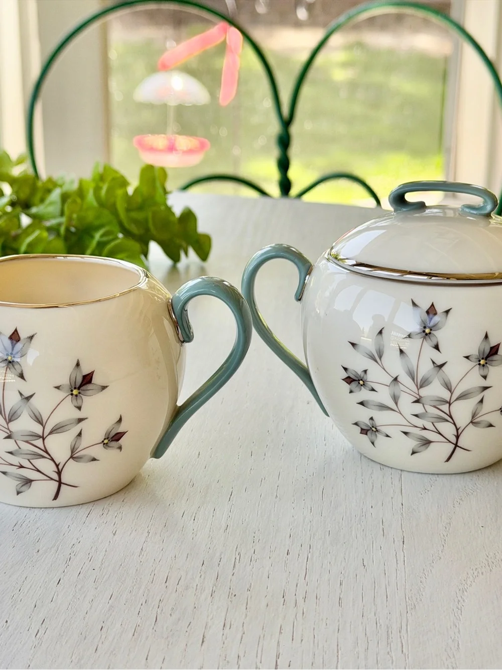 VINTAGE, LENOX, “KINGSLEY”, FINE BONE CHINA, SUGAR BOWL WITH LID & CREAMER.